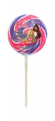 Barbie Lollipop. This lollipop features a pink and purple swirl design with a strawberry flavor. Wrapped in a clear wrapper showcasing two Barbie characters, the Barbie logo, and a puppy. Candy measures 3.5in in diameter. 8.5in tall with stick. Net WT 3.53oz.