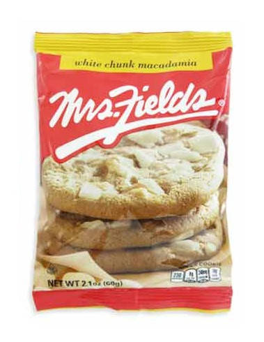 Mrs. Fields Macadamia Cookie. This chewy, buttery cookie is filled with chunks of macadamia nuts. Package includes 1 count wrapped cookie. Net WT 2.1oz.