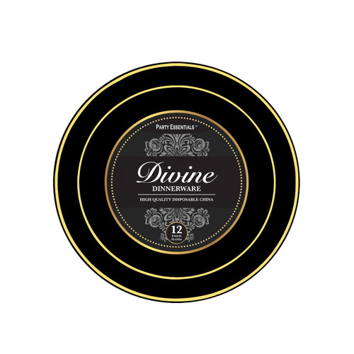 Black & Gold Plastic Appetizer Plates. These heavy duty black plastic plates have a shiny gold trim. Package includes 12 count plates measuring 6in. Black & Gold Plastic Appetizer Plates. These heavy duty black plastic plates have a shiny gold trim. Package includes 12 count plates measuring 6in.