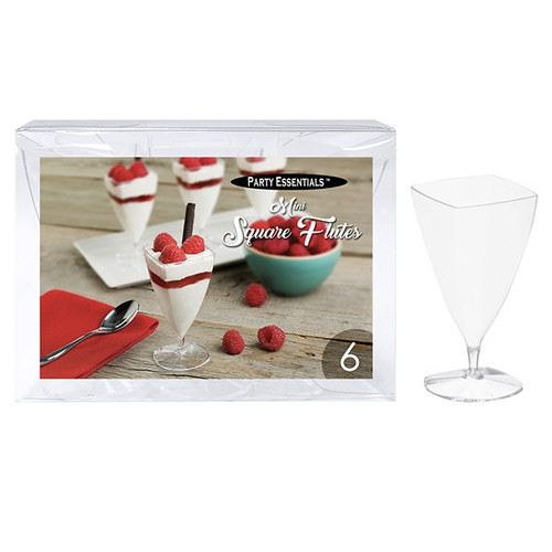 Mini Square Flutes. Made from clear plastic, these flutes are perfect for showcasing layered desserts, mousse, or other bite-sized creations. Package includes 6 count flutes, measuring 3.75in, 3oz.