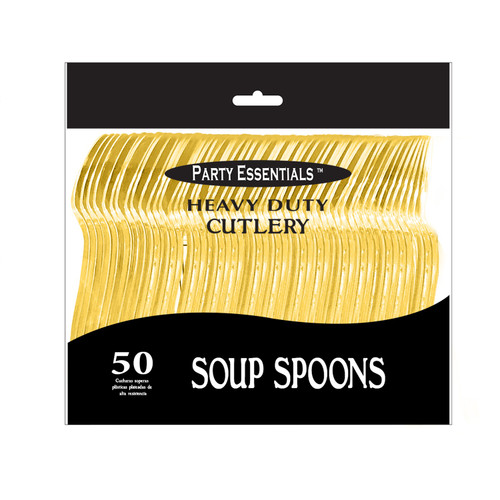 Gold Soup Spoons. These sturdy plastic soup spoons feature a shiny, metallic gold finish. Package includes 50 count spoons measuring 5.8in.