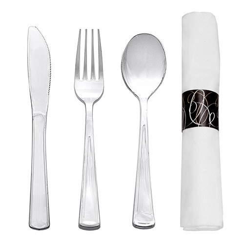Napkin Rolls with Silver Cutlery. Package includes 25 rolled cutlery sets. Each set has a silver plastic fork, knife, and spoon wrapped in a 16in x 16in white paper napkin and a black, poly-coated paper ring.