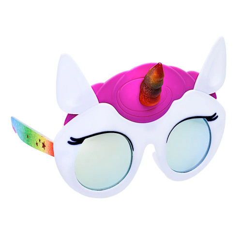 Lil Unicorn Sun-Staches Glasses! These adorable glasses are shaped like the top of a unicorn’s head, featuring a white face and ears, purple hair, and a tiny sparkly rainbow horn, along with rainbow temples. Featuring 100% UV400 protection and impact-resistant lenses, they’re built to keep your eyes safe while you enjoy the sunshine. One size fits most kids. Lil Unicorn Sun-Staches Glasses! These adorable glasses are shaped like the top of a unicorn’s head, featuring a white face and ears, purple hair, and a tiny sparkly rainbow horn, along with rainbow temples. Featuring 100% UV400 protection and impact-resistant lenses, they’re built to keep your eyes safe while you enjoy the sunshine. One size fits most kids.