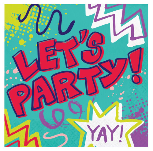 Graffiti Party Luncheon Napkins! Featuring a turquoise background, these 2-ply paper napkins are splashed with paint splatters, brush strokes, and graffiti-style text like “LET’S PARTY!”, “YAY” in bright red and purple text. Package includes 16 count napkins measuring 6.5in when folded. Graffiti Party Luncheon Napkins! Featuring a turquoise background, these 2-ply paper napkins are splashed with paint splatters, brush strokes, and graffiti-style text like “LET’S PARTY!”, “YAY” in bright red and purple text. Package includes 16 count napkins measuring 6.5in when folded.