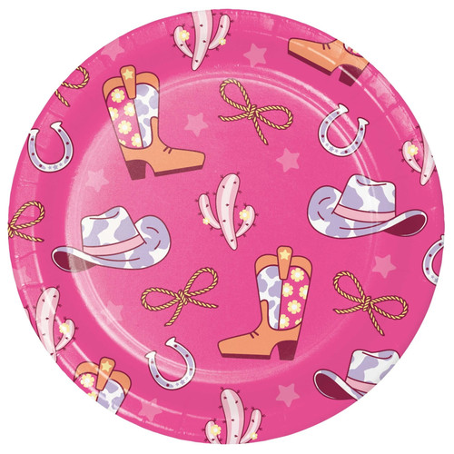 Boots & Bows Luncheon Plates. Featuring a hot pink background decorated with a pattern of stars, these paper plates include rope bows, cowboy hats, boots, horseshoes, and even pink cacti, perfect for cowgirl-themed birthdays, rodeo parties, or any event with a little southern flair. Package includes 8 count plates measuring 8.75in. Boots & Bows Luncheon Plates. Featuring a hot pink background decorated with a pattern of stars, these paper plates include rope bows, cowboy hats, boots, horseshoes, and even pink cacti, perfect for cowgirl-themed birthdays, rodeo parties, or any event with a little southern flair. Package includes 8 count plates measuring 8.75in.