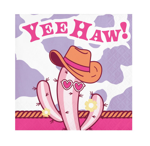 Boots & Bows Beverage Napkins! Featuring “YEE HAW!” text in hot pink over white and purple cow print, these 2-ply paper napkins showcase a pink cactus dressed up in heart-shaped sunglasses and a cute cowboy hat. Package includes 16 count napkins measuring 5in when folded. Boots & Bows Beverage Napkins! Featuring “YEE HAW!” text in hot pink over white and purple cow print, these 2-ply paper napkins showcase a pink cactus dressed up in heart-shaped sunglasses and a cute cowboy hat. Package includes 16 count napkins measuring 5in when folded.