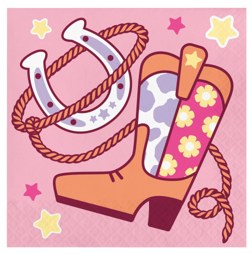 Boots & Bows Luncheon Napkins. Featuring a light pink background with yellow and hot pink stars, these 2-ply paper napkins showcase a cowboy boot, horseshoe, and a lasso. Perfect for cowgirl-themed birthdays, rodeo parties, or any celebration with a country twist. Package includes 16 count napkins measuring 6.5in when folded.