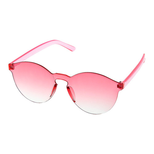 Pink Rimless Sunglasses. Featuring a translucent pink design and frameless shape, these novelty shades are the perfect accessory for party favors, photo booths, or fun costumes. Package includes 1 count pair of glasses. For novelty use only. One size fits most.