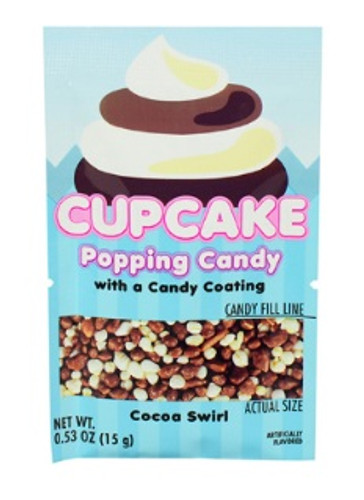 Cupcake Popping Candy- Cocoa Swirl. Inspired by cupcake flavors, this treat comes in three varieties: confetti, strawberry shortcake, and cocoa swirl. Desired flavor not guaranteed. Package includes 1 count pouch of candy. Net WT .53oz.
