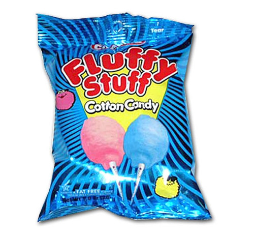 Fluffy Stuff Cotton Candy. This delicious cotton candy comes in an assortment of colors. A bag could contain one or more of the flavors Strawberry or Blue Razz. Net WT 1oz.