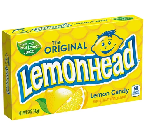 Lemonhead Theater Box. These classic sweet and sour candies are made with real lemon juice for an authentic citrus flavor that packs a punch. With their bright yellow color and bold taste, Lemonheads are perfect for movie nights, road trips, or anytime you crave a tangy treat. Net WT 5oz.