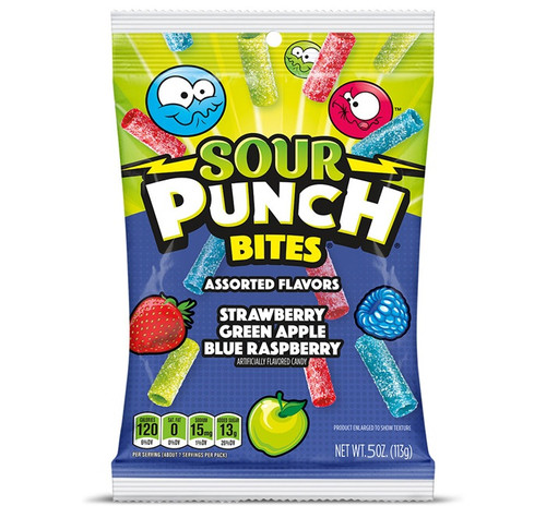 Sour Punch Bites. These chewy candies feature strawberry, green apple, and blue raspberry. Net WT 5oz.