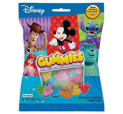 Best of Disney Gummies. Featuring the faces of beloved characters like Mickey, Ariel, Stitch, Elsa, Woody, and Sulley, these colorful gummies include flavors orange, cherry, watermelon, green apple, blue raspberry, and mango. Net WT 4oz.
