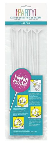 Balloon Sticks and Cups. White. Stick the tail of the balloon through the cup and attach it to a stick. Package includes 6 count sticks measuring 12in with cups.