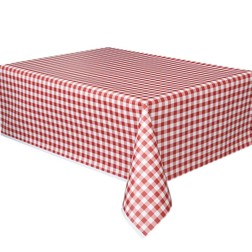 Red Gingham Plastic Table Cover. This rectangular cover features a classic red and white gingham pattern. Measures 54in x 108in.