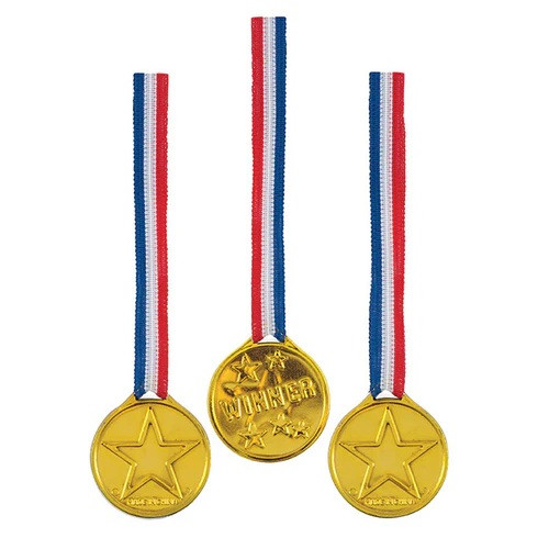 Winner Medals. These gold plastic medals feature “Winner” on one side and a star shape on the other, attached to a ribbon with red white and blue stripes and a snap fastener. Package includes 5 count 1.5in medals. Winner Medals. These gold plastic medals feature “Winner” on one side and a star shape on the other, attached to a ribbon with red white and blue stripes and a snap fastener. Package includes 5 count 1.5in medals.