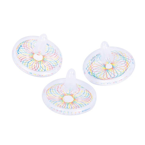 Glow in the Dark Spin Tops. These clear plastic tops feature a white with rainbow pattern design. Glide these fun spinners into loot bags at the birthday party. Package includes 8 count 1.25in tops.