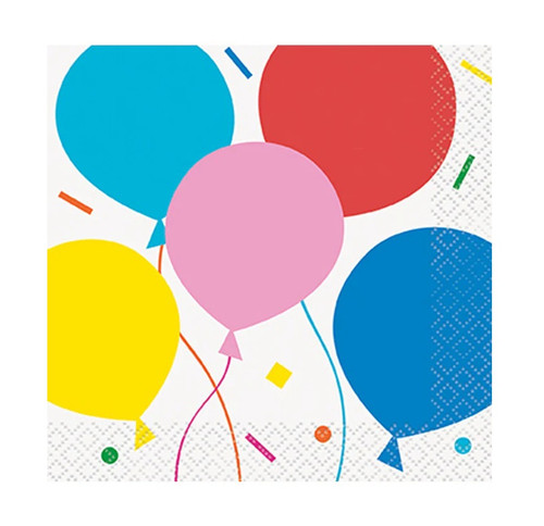 Colorful Balloons Beverage Napkins. These white 2-ply paper napkins are sprinkled with multicolor confetti and large balloons. Package includes 16 count napkins measuring 5in when folded.