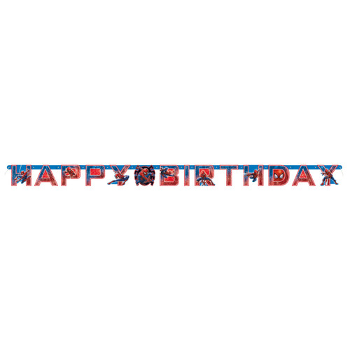 Spiderman Jointed Happy Birthday Banner. The letters spell out "HAPPY BIRTHDAY" in a blue-to-red gradient with red trim. Some letters incorporate Spiderman in various action poses, with a single Spiderman on a black spider logo placed between the words. Measures about 5in x 6.4ft.