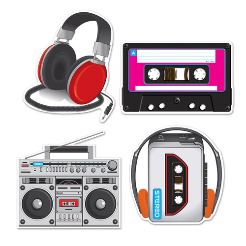 Cassette Player Cutouts. Printed on both sides of cardstock, this set includes designs of a cassette player, boombox, cassette tape, and headphones. Perfect for 80s or 90s-themed parties. Package includes count cutouts, ranging in size from 12in - 14in.