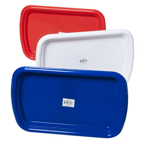 Plastic Serving Tray. Rectangular, this plastic tray is available in red, white, or blue. Package includes 1 count tray, measuring 15in x 10in. Desired color not guaranteed. Plastic Serving Tray. Rectangular, this plastic tray is available in red, white, or blue. Package includes 1 count tray, measuring 15in x 10in. Desired color not guaranteed.