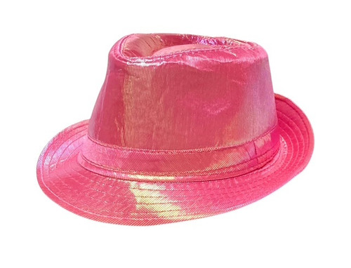 Shiny Neon Fedora Hat - Pink. This bright, shimmery hat is available in pink, orange, yellow, or green. Desired color not guaranteed. One size fits most.