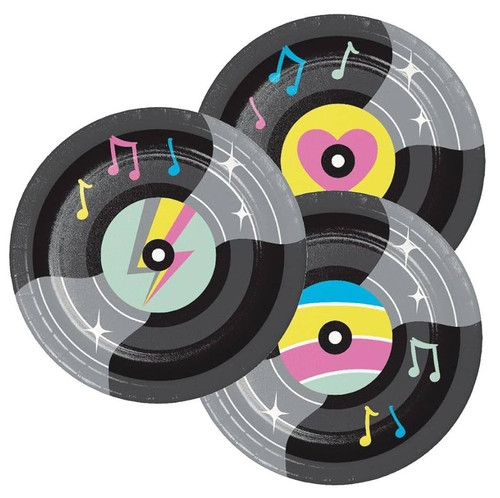 Birthday Beats Record Dessert Plates. Designed to look like classic black vinyl records, these paper plates feature colorful music notes around the edge and come with assorted center designs, including rainbow stripes, a lightning bolt, or a heart. Perfect for serving cake, snacks, or sweet treats, these plates bring retro flair and musical vibes to any party. Package includes 8 count plates measuring 7in.