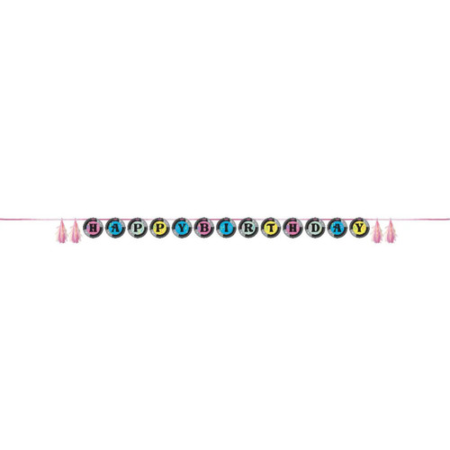 Happy Birthday Beats Letter Banner. This festive decoration features black letters that spell out "HAPPY BIRTHDAY" on fun record-shaped cutouts. Pink and iridescent tissue paper tassels on each end, all strung together on a matching pink ribbon. Measures 8in (cutouts 6in) x 8.67ft. Happy Birthday Beats Letter Banner. This festive decoration features black letters that spell out "HAPPY BIRTHDAY" on fun record-shaped cutouts. Pink and iridescent tissue paper tassels on each end, all strung together on a matching pink ribbon. Measures 8in (cutouts 6in) x 8.67ft.
