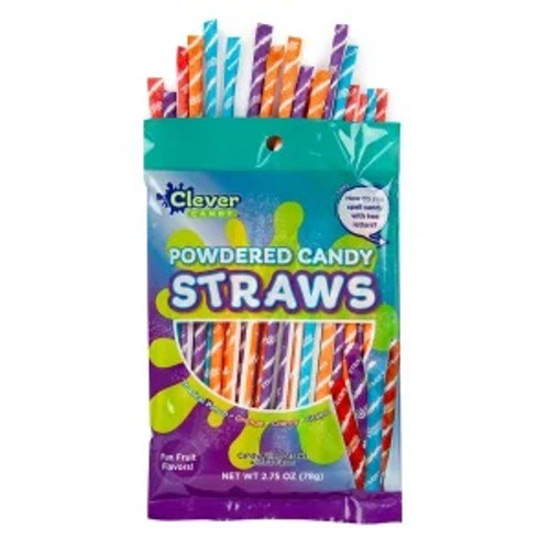 Powdered Candy Straws. Each pack includes a rainbow of flavors including Tropical Punch, Orange, Cherry, and Grape. Available in Net WT 2.75oz and 6.5oz.