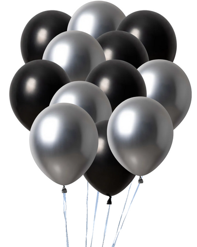 Dozen Balloons Grouped together in the colors platinum silver and pearl black Dozen Balloons Grouped together in the colors platinum silver and pearl black