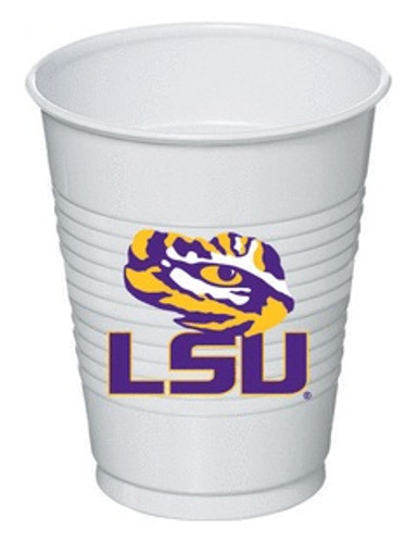 Louisiana State University Plastic Cups. These white plastic cups feature the LSU logo with a tiger eye in purple and yellow. Package includes 8 count cups measuring 16oz. Louisiana State University Plastic Cups. These white plastic cups feature the LSU logo with a tiger eye in purple and yellow. Package includes 8 count cups measuring 16oz.