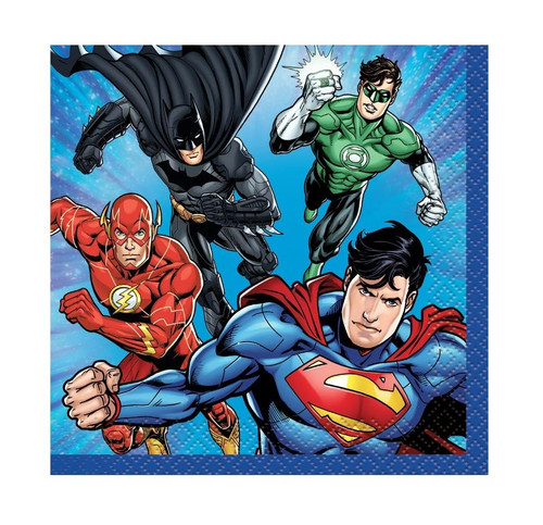 Justice League Beverage Napkins. Featuring a blue background with action poses of Superman, Batman, The Flash, and Green Lantern. 2-ply  paper napkins. The reverse side is white with the Justice League logo in the center and the hero's emblems in the corner. Package includes 16 count napkins measuring 5in when folded.