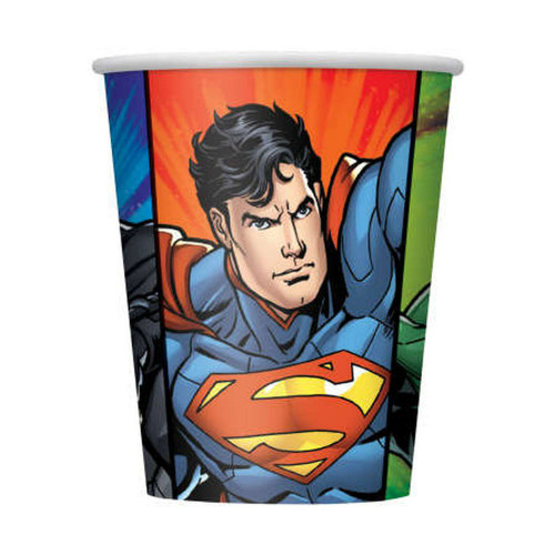 Justice League Paper Cups. Made from sturdy white paper, each cup features a full wrap-around design showcasing colorful portraits of Superman, Batman, The Flash, and Green Lantern. Package includes 8 count cups measuring 9oz.