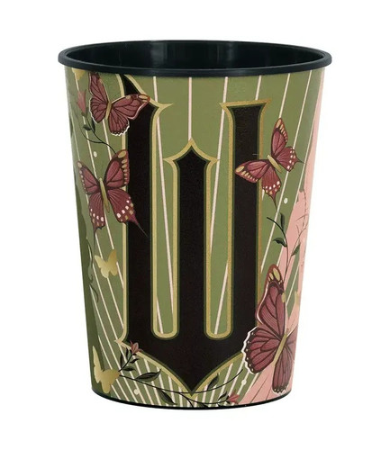 Wicked Plastic Favor Cup. This black plastic cup has a wraparound design featuring muted greens and pinks. The "W" from the Wicked logo stands out, surrounded by butterflies and silhouettes of Elphaba and Glinda. Durable and reusable. Package includes 1 count plastic cup measuring 16oz.