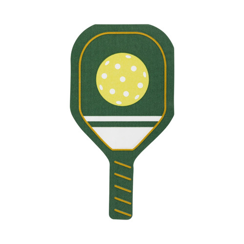Green Pickleball Paddle Shaped Napkins. Shaped like a paddle, these paper napkins feature a green and white design with shiny gold foil accents. A bright yellow-green pickleball adds a pop of color. Package includes 18 count napkins measuring 4in x 7.5in when folded.