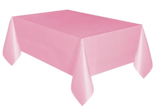 Lovely Pink Plastic Tablecover. This rectangular tablecover measures 54in x 108in.