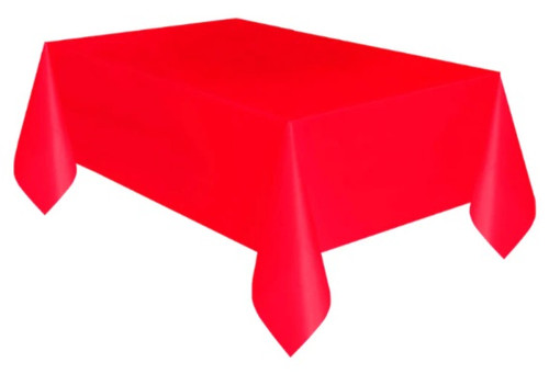 Bright Red Plastic Tablecover! This rectangular red cover measures 54in x 108in.