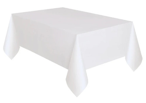 Plain White Plastic Tablecover. This rectangular plastic cover measures 54in x 108in. Plain White Plastic Tablecover. This rectangular plastic cover measures 54in x 108in.