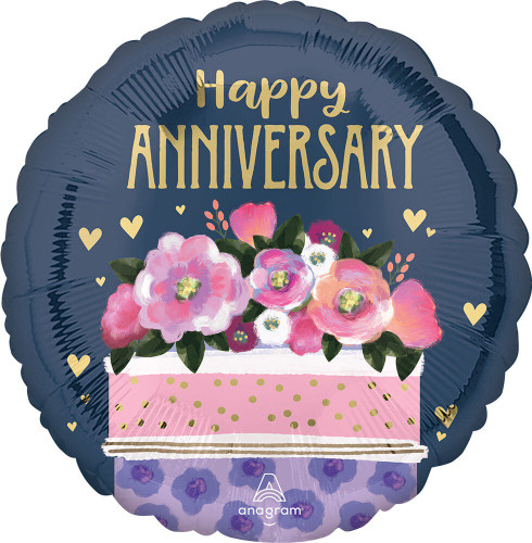 Anniversary Cake Balloon. This circular, navy balloon features "Happy Anniversary" in gold text over a flowery pink and purple cake. Balloon is approximately 18 inches after inflation.