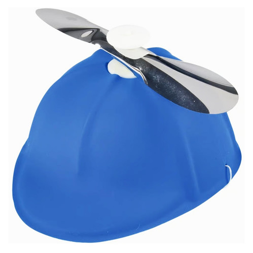 Plastic Propeller Beanie - Blue. Available in bright blue, orange, green, or pink, this lightweight plastic hat is topped with a reflective propeller that spins with a flick. The white elastic chin strap ensures a secure and comfortable fit. One size fits most. Desired color not guaranteed. Package includes 1 count hat.