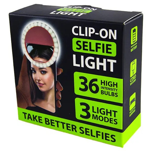Clip On Selfie Light. Designed to clip onto your phone, this rechargeable, round light features 36 high-intensity LED bulbs that provide lighting for selfies, video calls, and content creation. With three brightness settings (low, medium, and high), you can find the perfect glow for any environment. Package includes 1 count clip on light measuring 3.25in, and 1 charging cord.