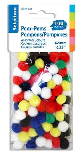 Craft Pom Poms - .25in. This set includes fluffy pom poms in black, white, red, yellow, blue, and green. Perfect for kids’ crafts, DIY decorations, and school projects. Package includes 100 count. Craft Pom Poms - .25in. This set includes fluffy pom poms in black, white, red, yellow, blue, and green. Perfect for kids’ crafts, DIY decorations, and school projects. Package includes 100 count.