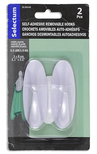 Self-Adhesive Hooks. Designed with removable adhesive, these white plastic hooks stick to most surfaces, making them perfect for hanging banners, streamers, balloons, or décor on walls. Package includes 2 hooks, measuring 1.1in x 3.1in. Weight capacity is 3.3lbs.