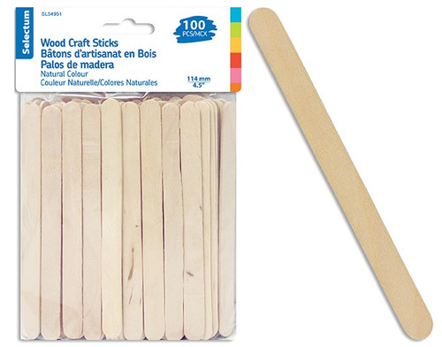 Wooden Craft Sticks. These natural color wooden sticks are great for all sorts of creative projects. Package includes 100 count 4.5in sticks.