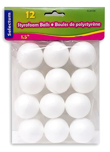 Craft Styrofoam Balls - 1.5in. White. Lightweight and easy to work with, they’re perfect for school projects, DIY ornaments, science models, holiday crafts, and more. Package includes 12 count 1.5in, 10 count 1.85in, or 2 count 3.77in.