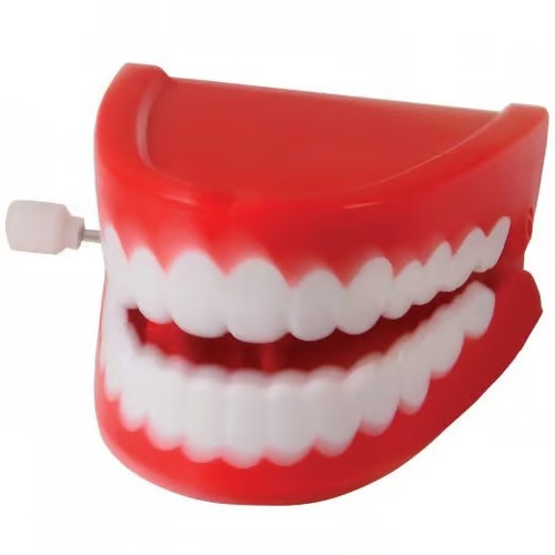 Chattering Teeth. With bright white teeth, red gums, and a lively clacking motion, this wind up retro toy is always ready to entertain. Package includes 1 count toy measuring 2.55in x 2.44in.