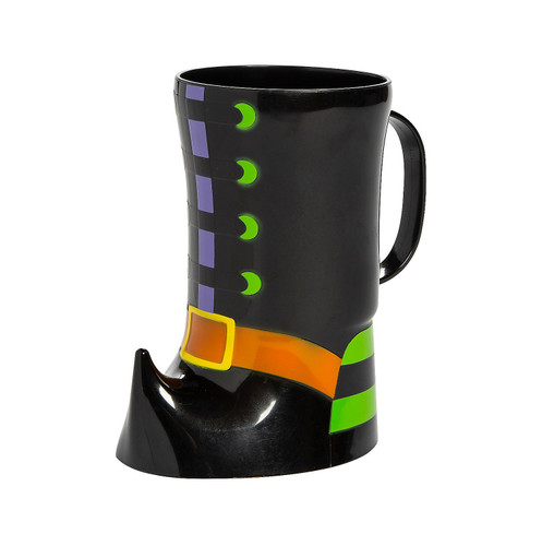 Witch Boot Plastic Mug. Shaped like a pointed witch boot, this festive mug is crafted from black plastic and detailed with pops of orange, purple, and green. Package includes 1 count mug, measures 6.5in, holds 10oz.
