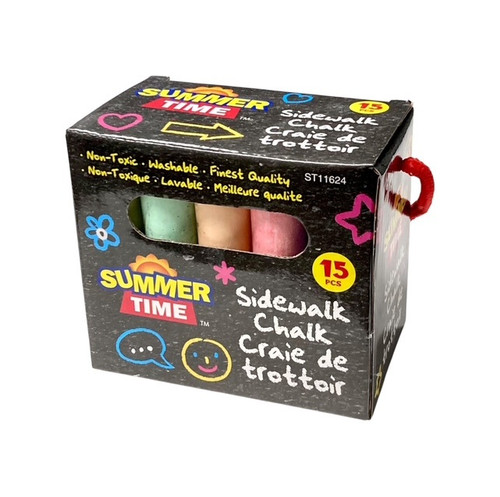 Sidewalk Chalk. Colors include yellow, green, orange, red, and blue. Package includes 15 count pieces of chalk measuring 4in. Sidewalk Chalk. Colors include yellow, green, orange, red, and blue. Package includes 15 count pieces of chalk measuring 4in.