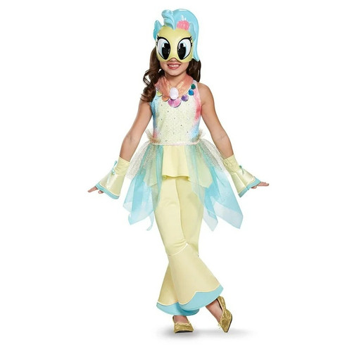 Child's Princess Skystar Costume from the My Little Pony movie. Inspired by the cheerful and curious hippogriff princess, this costume captures her underwater elegance with shimmering details. The half mask can be worn over the eyes or above the face. Package includes tunic, pants, glovettes, and mask. Shoes not included. X-Small fits 3T - 4T and Medium fits 7 - 8. Child's Princess Skystar Costume from the My Little Pony movie. Inspired by the cheerful and curious hippogriff princess, this costume captures her underwater elegance with shimmering details. The half mask can be worn over the eyes or above the face. Package includes tunic, pants, glovettes, and mask. Shoes not included. X-Small fits 3T - 4T and Medium fits 7 - 8.