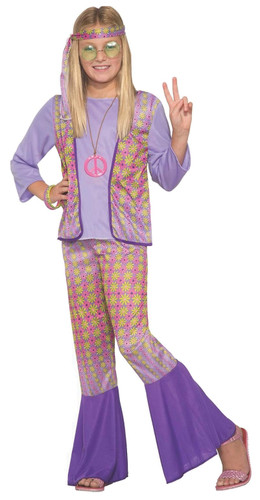 Child Hippie Costume. This costume features a purple shirt with attached flowery vest, along with matching pants and headband. Glasses, necklace, and shoes not included. Small 4 - 6 Medium 8 - 10 Large 12 - 14